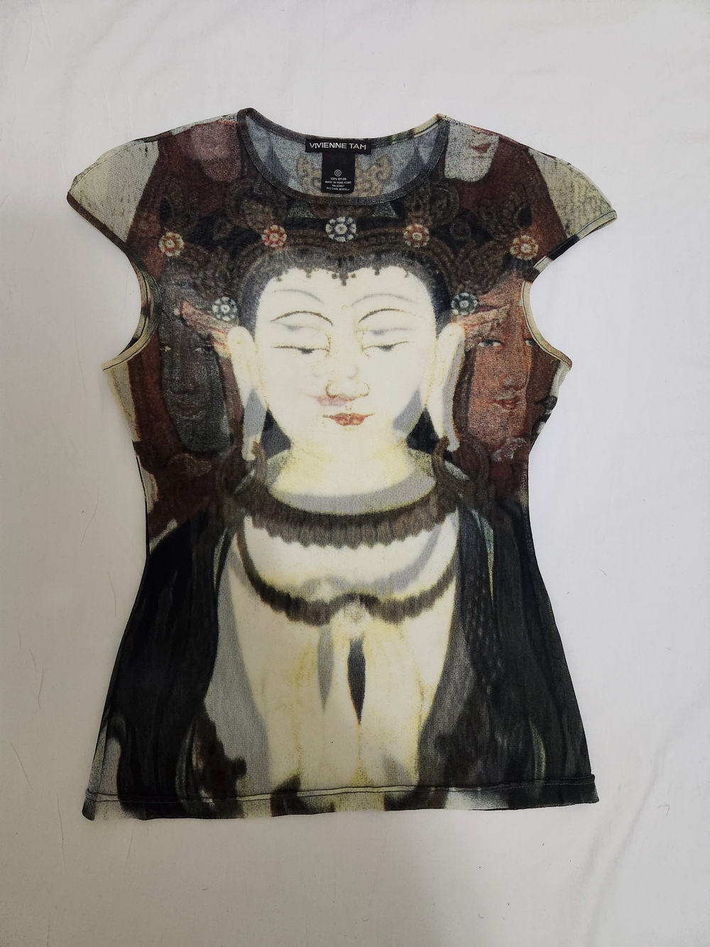 Vivienne Tam 90's Black Mesh Buddha Kuan Yin Short Sleeve Top